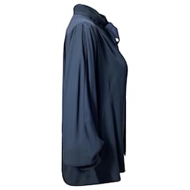 Akris-Akris Smocked Crepe De Chine Tie Neck Blouse in Navy Blue Polyester-Blue,Navy blue