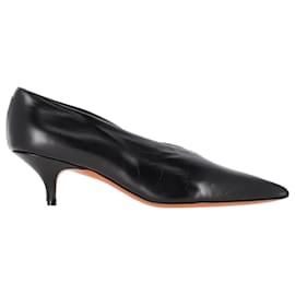 Céline-Celine V Neck Pointed Toe Pumps in Black Leather -Black