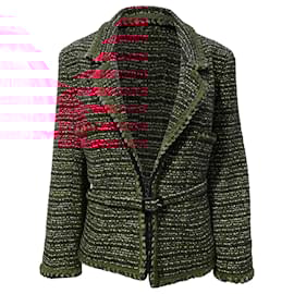 Chanel-Chanel Textured Belted Jacket in Red Wool-Red,Dark red