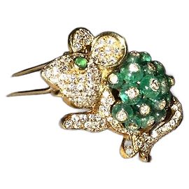 Autre Marque Broche Souris Giovane en Or 18K Émeraudes et Diamants Vert