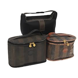 Fendi-FENDI Pecan Canvas Vanity Cosmetic Pouch 3Set Black Brown Auth bs20038-Brown,Black