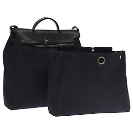 Hermès HERMES Herbag MM Handtasche Canvas Leder Marine Silber Auth 101293 Silber Marineblau