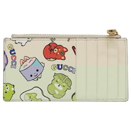Gucci-GUCCI Card Case Leather White Gold 736783 Auth 98281-White,Golden