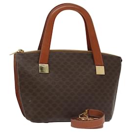 Céline-CELINE Macadam Canvas Hand Bag PVC Leather 2way Brown Gold Auth 102157-Brown,Golden
