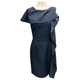 Fendi-Robe en laine asymétrique froncée bleu foncé Fendi-Bleu