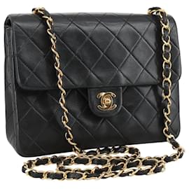 Chanel-CHANEL Mini Matelassé Sac à Bandoulière Chaîne Cuir d'Agneau Noir Or CC Auth 103354-Noir,Doré