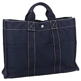 Hermès-HERMES Deauville MM Sac Tote Toile Marine Argent Auth 102609-Argenté,Bleu Marine