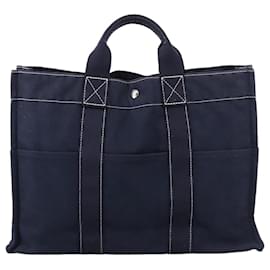 Hermès-HERMES Deauville MM Sac Tote Toile Marine Argent Auth 102609-Argenté,Bleu Marine
