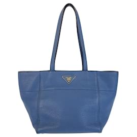 Prada-Prada Leather Triangle Logo Tote Bag-Blue