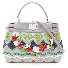 Fendi Mini Peekaboo Leather Raffia Handbag Grey