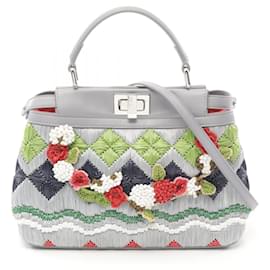 Fendi-Fendi Mini Peekaboo Leather Raffia Handbag-Grey