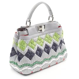 Fendi-Fendi Mini Peekaboo Leather Raffia Handbag-Grey