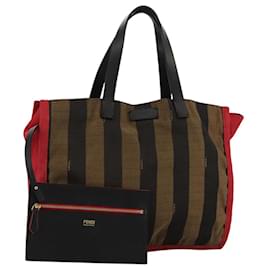 Fendi-FENDI Pecan Canvas Tote Bag Brown Black gold 8BH252 Auth hk1662-Brown,Black,Golden