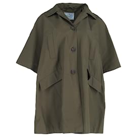 Prada- Prada Buttoned Hooded Short Sleeve Parka Jacket in Olive Cotton-Green,Olive green