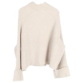 Céline-Celine Rib Knit Sweater in Cream Wool-White,Cream