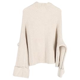 Céline-Celine Rib Knit Sweater in Cream Wool-White,Cream