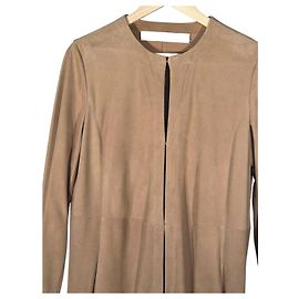 DROMe Collarless Suede Leather Duster Coat Beige Brown Beige