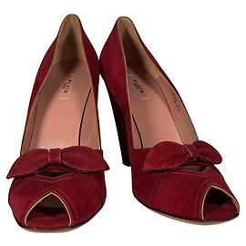 Escarpins Alaïa Peep Toe à Nœud en Daim Bordeaux Rouge