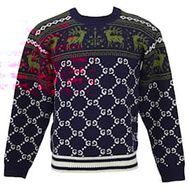 Gucci-Suéter de lã multicolorido com estampa GG e rena da Gucci-Multicor