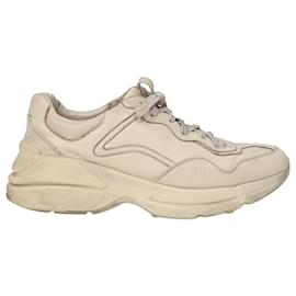 Gucci- Gucci Rhyton Distressed Lace-Up Sneakers in Cream Leather-White,Cream