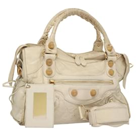 Balenciaga-BALENCIAGA The Giant City Shoulder Bag Leather White Gold Auth 103896-White,Golden