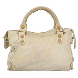 Balenciaga-BALENCIAGA The Giant City Shoulder Bag Leather White Gold Auth 103896-White,Golden