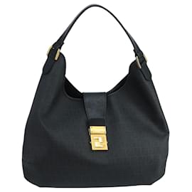 Fendi-FENDI Zucchino Canvas Shoulder Bag Black Auth mr746-Black