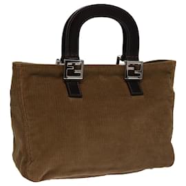Fendi-FENDI Hand Bag Corduroy Brown Silver Auth 102866-Brown,Silvery
