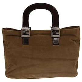 Fendi-FENDI Hand Bag Corduroy Brown Silver Auth 102866-Brown,Silvery