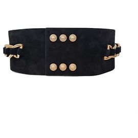 Balmain wide black suede belt with gold buttons and a chain Black