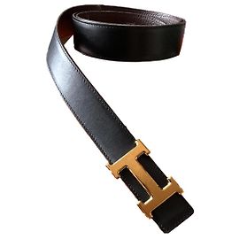 Hermès Cinto Hermes com fivela de placa dourada Preto