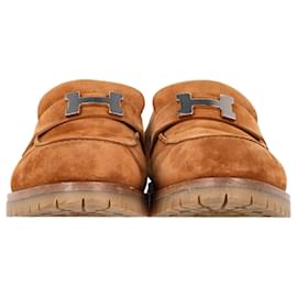 Hermès- Hermès Logo Plague Faubourg Loafers in Brown Goat Suede-Brown