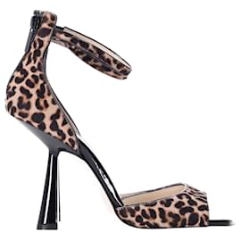 Jimmy Choo- Jimmy Choo Reon Leopard Print Ankle Strap Heeled Sandals in Brown Calf Hair-Brown