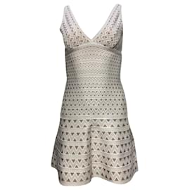 Herve Leger-Herve Leger Chevron V-Neck Mini Dress in White and Brown Rayon-White