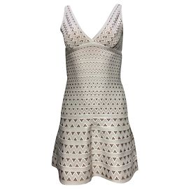 Vestido mini V-neck Chevron Herve Leger em rayon branco e marrom Branco
