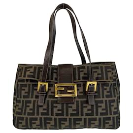Fendi-Fendi Zucca Canvas Leather Tote Shoulder Bag-Brown
