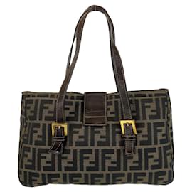 Fendi-Fendi Zucca Canvas Leather Tote Shoulder Bag-Brown
