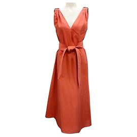 Vestido midi sin mangas de algodón con cinturón adornado con cuentas Monili Terracotta de Brunello Cucinelli Naranja