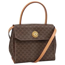Céline-CELINE Macadam Canvas Hand Bag PVC Leather 2way Brown Gold Auth 102389-Brown,Golden