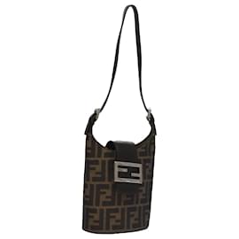 Fendi-FENDI Zucca Canvas Shoulder Bag Brown Black Silver Auth 102811-Brown,Black,Silvery