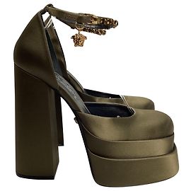 Versace Medusa Aevitas Ankle Strap Platform Pumps in Khaki Satin Green Khaki
