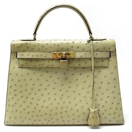 Hermès-VINTAGE HERMES KELLY 32 SELLIER OSTRICH LEATHER TILLEUL HANDBAG-Beige