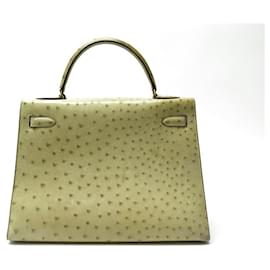 Hermès-VINTAGE HERMES KELLY 32 SELLIER OSTRICH LEATHER TILLEUL HANDBAG-Beige