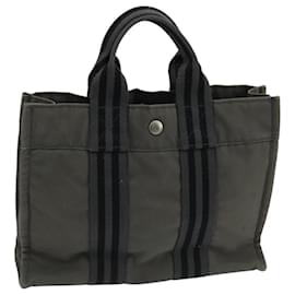 Hermès-HERMES Fourre Tout PM Sac Tote Toile Gris Noir Auth 104620-Marron,Noir