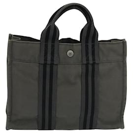 Hermès-HERMES Fourre Tout PM Sac Tote Toile Gris Noir Auth 104620-Marron,Noir