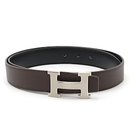 Hermès-Hermes Constance H Reversible Leather Belt-Black,Dark brown