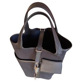 Borsa a mano Hermès Picotin Nera Cotone Pelliccia Nero