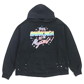 Balenciaga-Balenciaga Logo Print Distressed Pullover Hoodie-Black