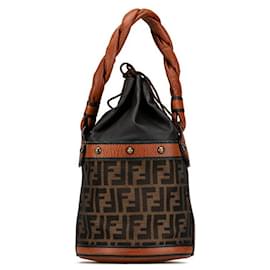 Fendi-Fendi Zucca Canvas Leather Handbag 8BR554-Brown