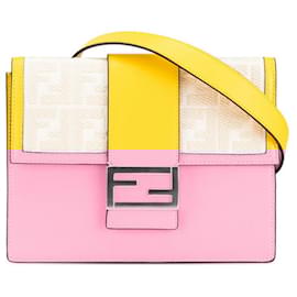 Fendi-Fendi Leather Canvas Flat Bucket Medium Shoulder Bag 7VA524-Yellow